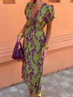 Printed Plunge Short Sleeve Midi Dress - Ladyez