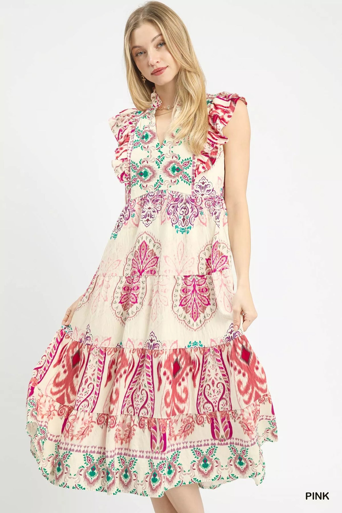 Umgee Boho Boarder Print Ruffle Midi Dress