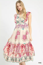 Umgee Boho Boarder Print Ruffle Midi Dress