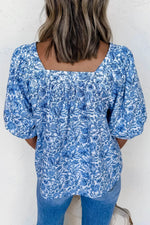 Square Neck Short Puff Sleeve Pleated Floral Blouse