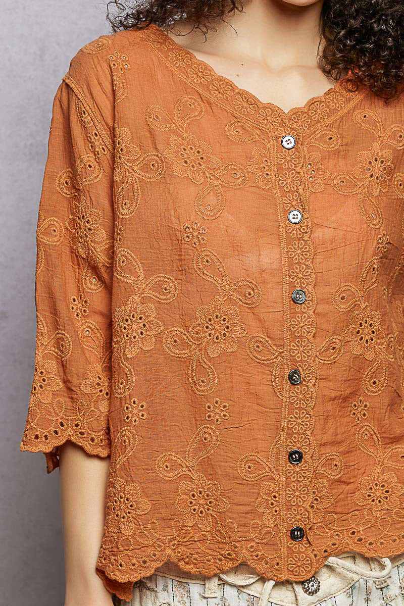 POL Floral Eyelet V-Neck Salloped Shirt