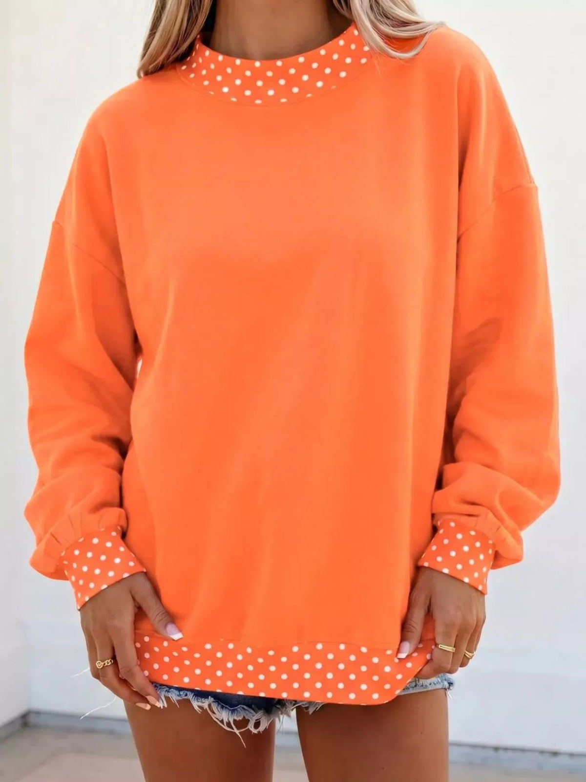 Polka Dot Trim Contrast Crew Neck Sweatshirt