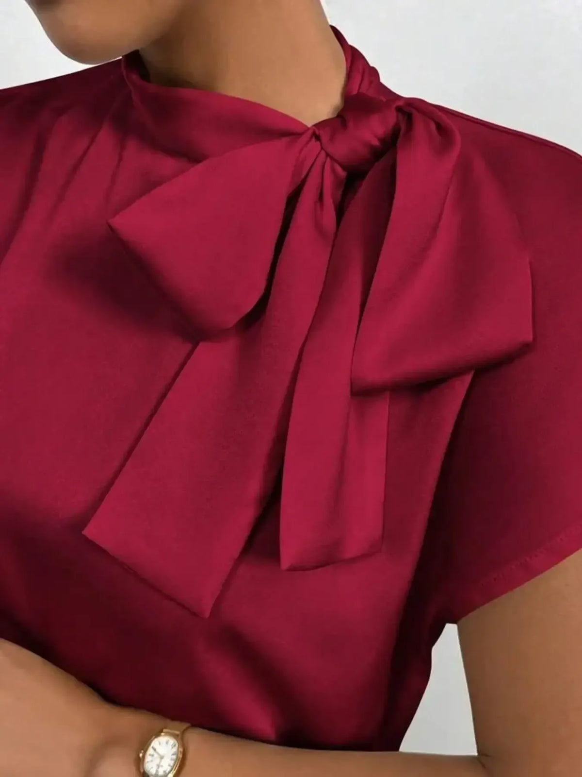 Satin Bow Tie Neck Blouse - Ladyez