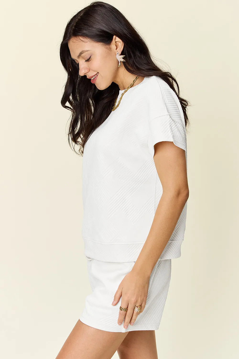 Double Take Full Size Texture Short Sleeve T-Shirt and Drawstring Shorts Set - Ladyez