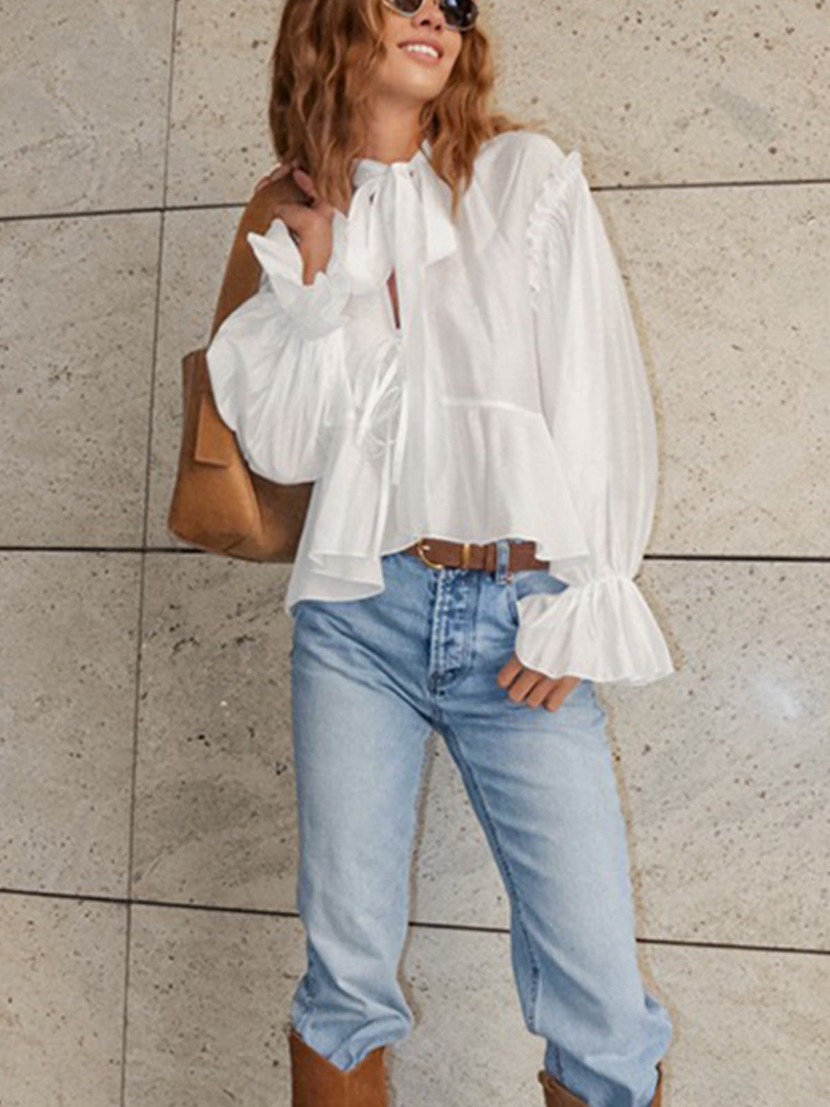 Ruffle Trim Tie Neck Blouse