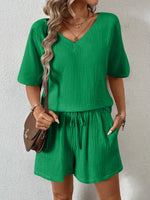 V-Neck Half Sleeve Top and Shorts Set - Ladyez