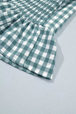 3/4 Sleeve Shirred Plaid Peplum Top