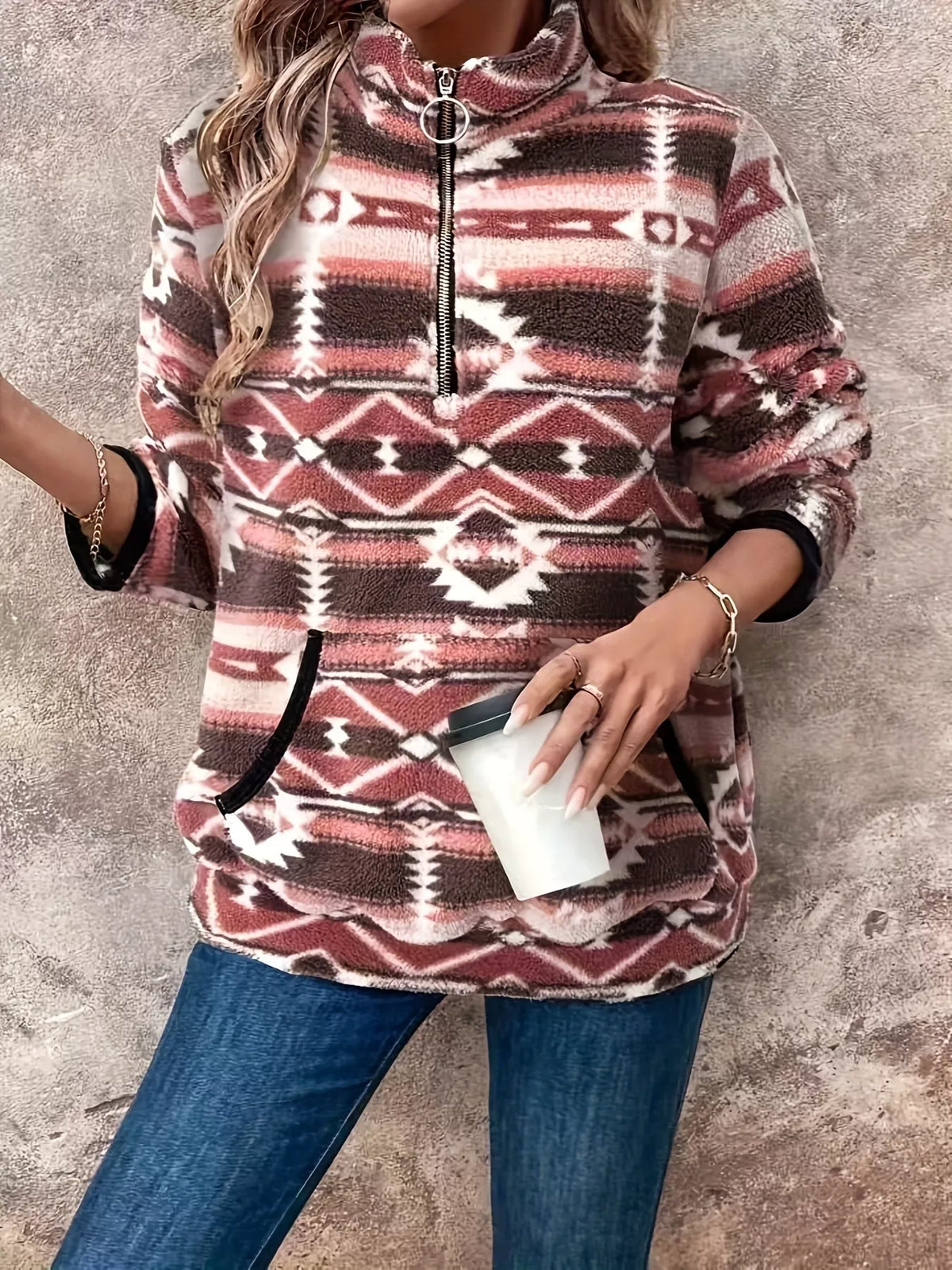 Geometric Half Zip Long Sleeve Sweatshirt