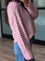 Button Detail Dropped Shoulder Striped Sweater