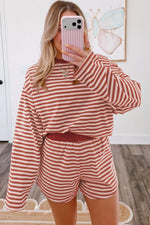 Stripe Relaxed Long Sleeve Top Contrast Elastic Waistband Short Set
