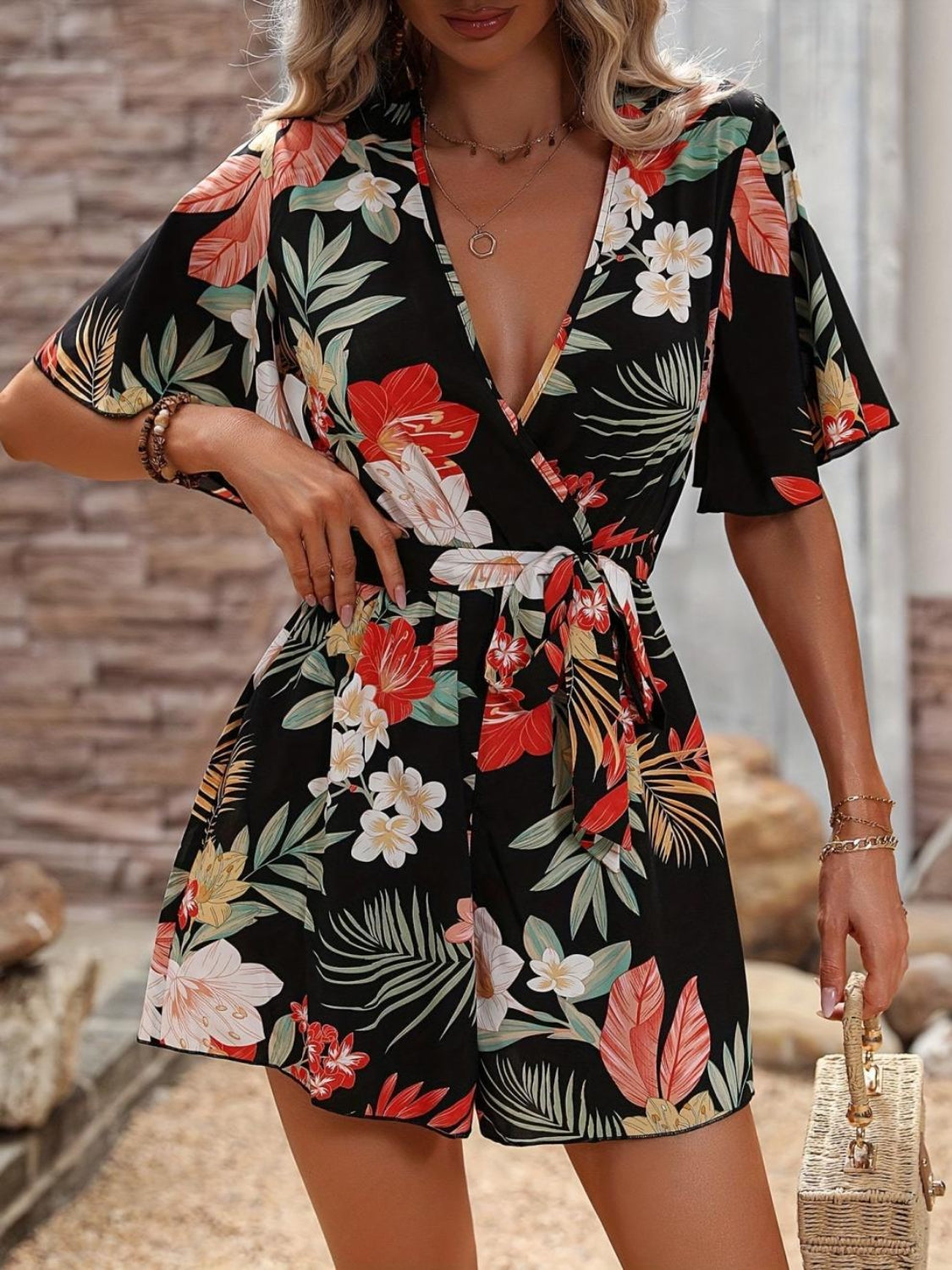 Printed Surplice Half Sleeve Tie Waist Romper - Ladyez