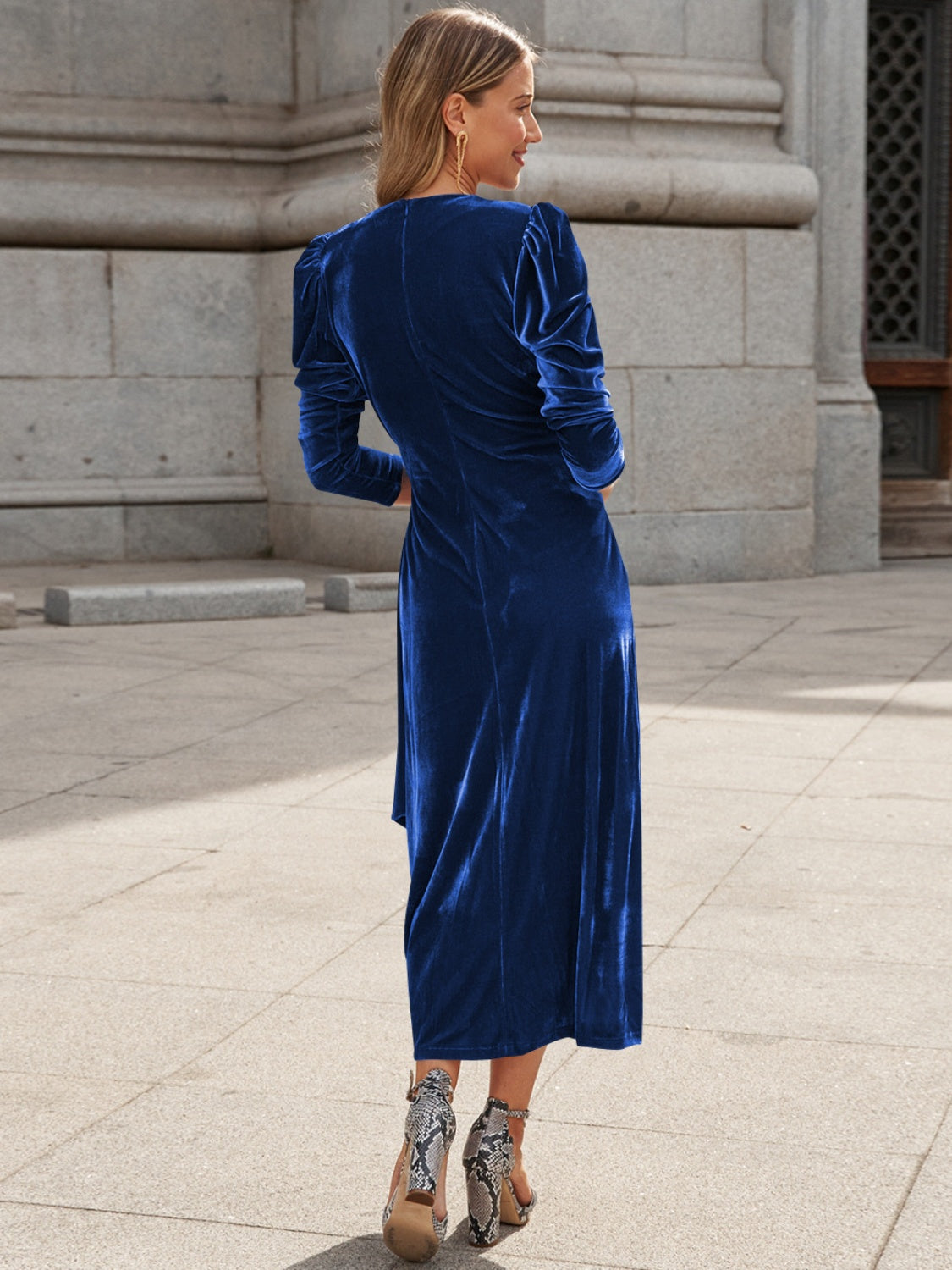 Surplice Puff Sleeve Midi Dress - Ladyez
