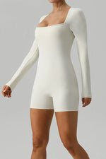 Square Neck Long Sleeve Active Romper - Ladyez