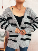 Striped Button-Up Hooded Cardigan