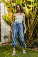 BiBi Striped Tape Details With Bot Tied Point Elastic Waist Jeans - Ladyez