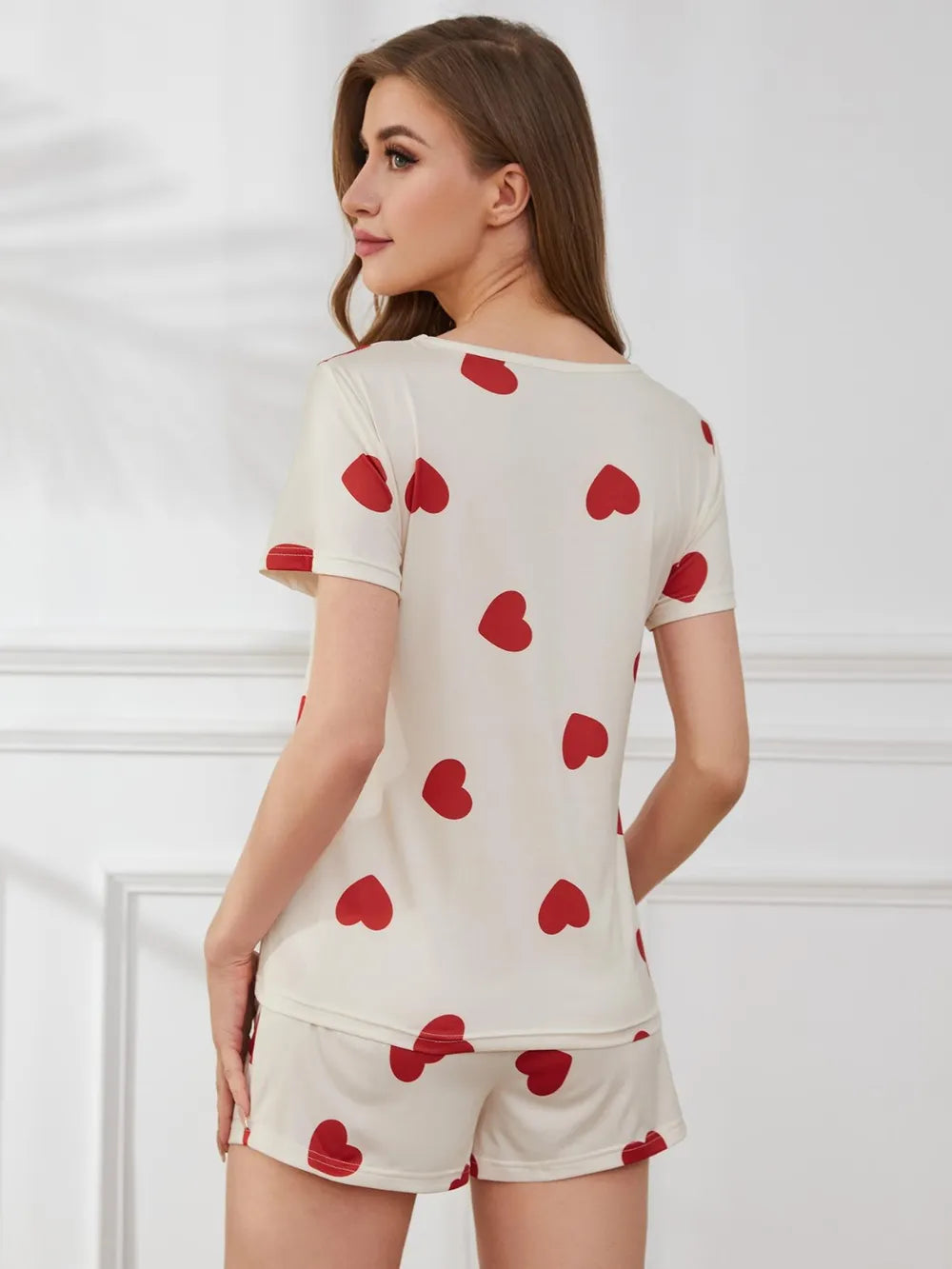 Heart Round Neck Top and Shorts Lounge Set - Ladyez