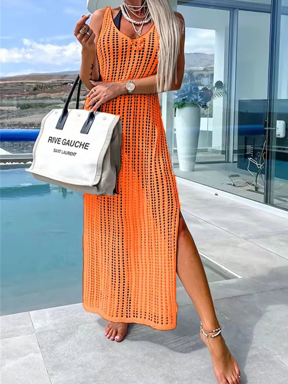 Openwork Slit Cutout Wide Strap Dress - Ladyez