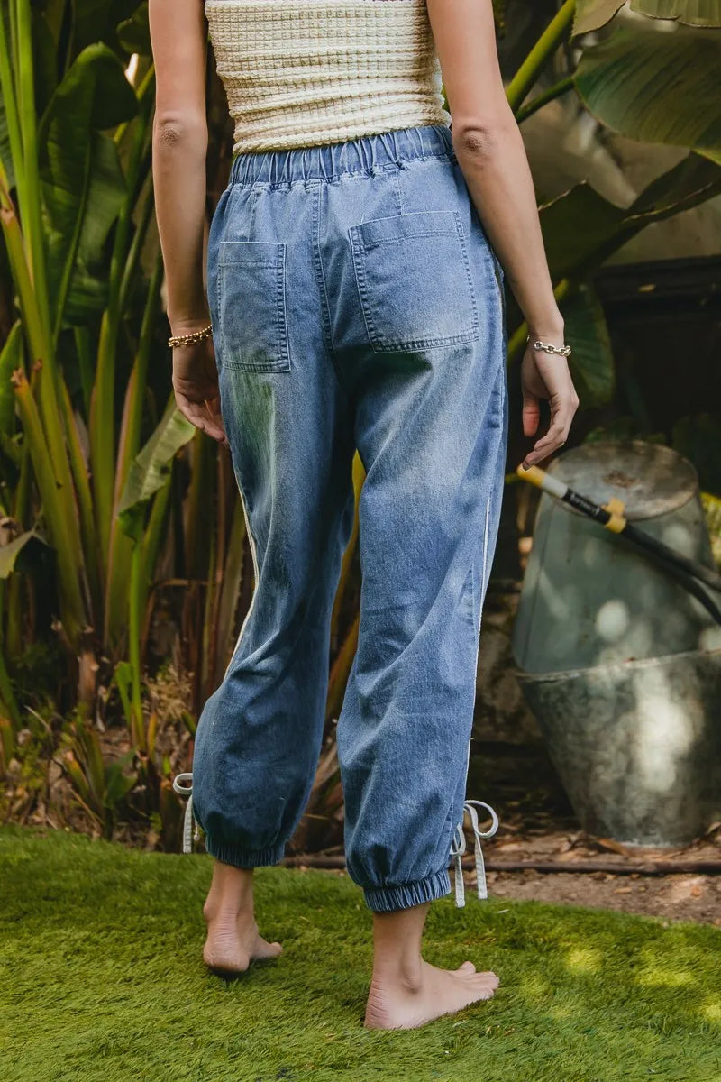 BiBi Striped Tape Details With Bot Tied Point Elastic Waist Jeans - Ladyez