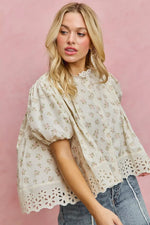 SO ME Floral Print Lace Trim Short Sleeves Blouse