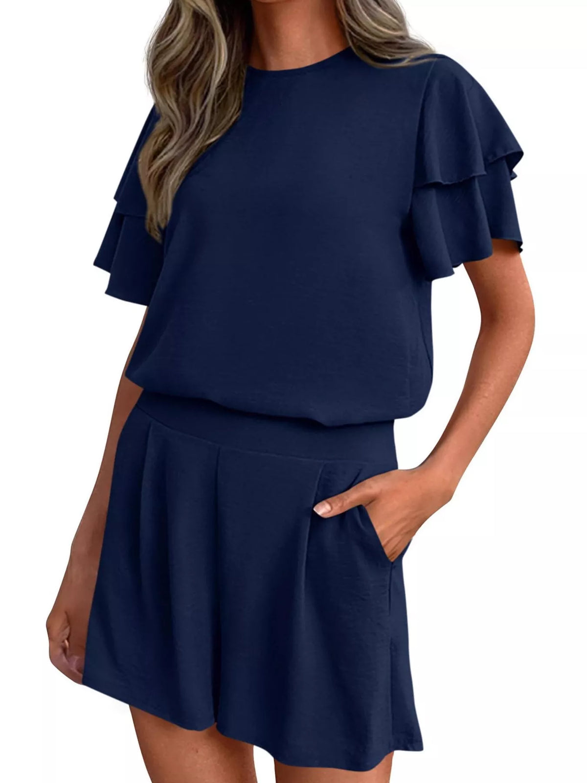 Ruffle Sleeve Top and Shorts Two-Piece Set