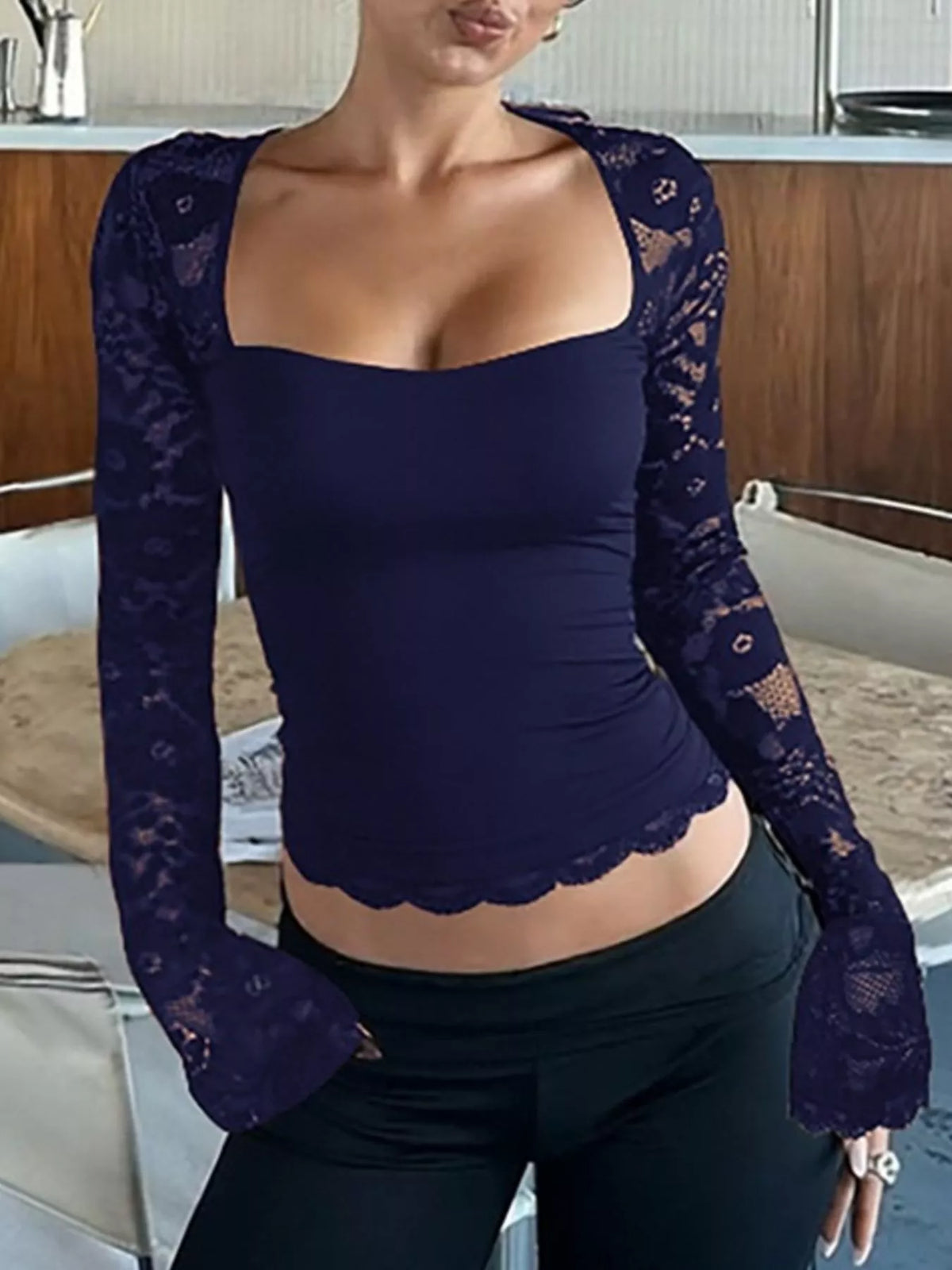Sheer Lace Sleeve Square Neck T-Shirt