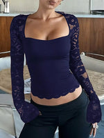 Sheer Lace Sleeve Square Neck T-Shirt