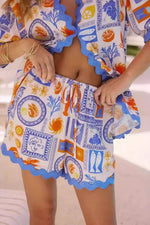 Bohemian Print Button Up Shirt and Shorts Set