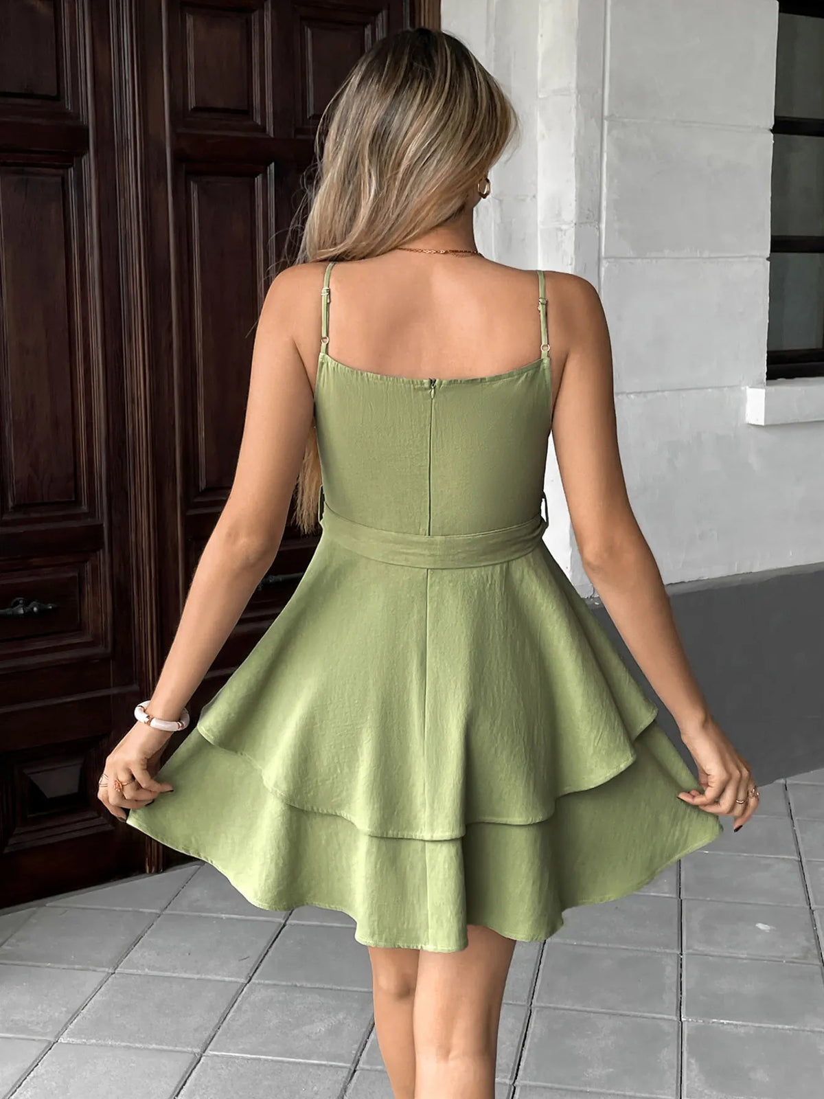 Ruffle Layered Cami Mini Dress with Bow Belt - Ladyez