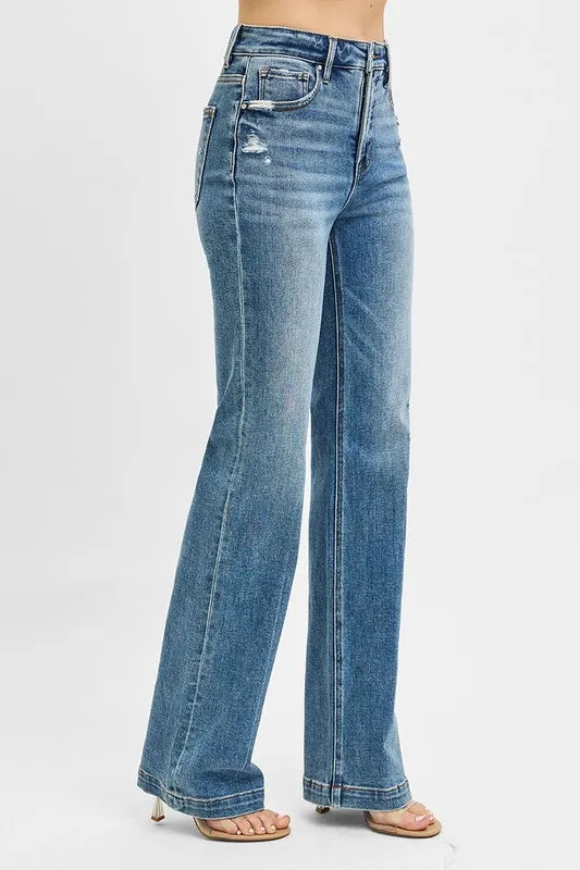 RISEN Full Size Distressed Detail Bootcut Jeans Plus Size - Ladyez