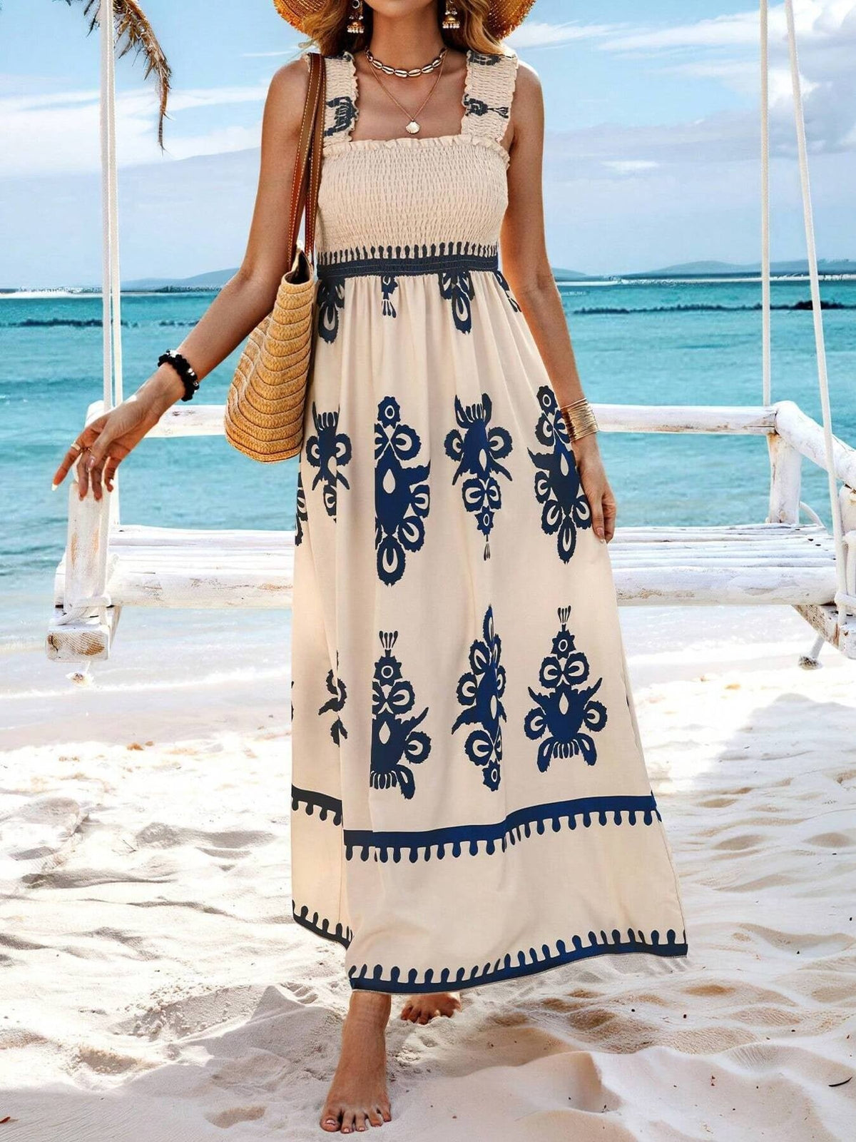 Smocked Bodice Colorful Print Tank Dress
