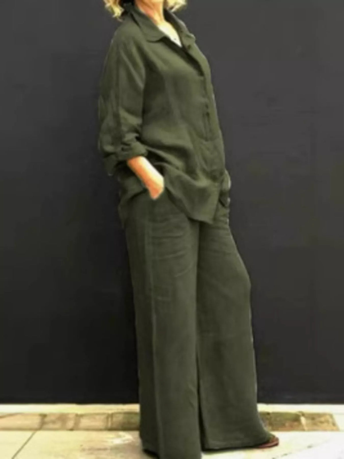 Full Size Long Sleeve Shirt and Pants Set Plus Size