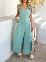 Devine Button Front Knotted Strap Wide Leg Jumpsuit