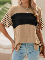 Color Block Striped Sleeve Casual T-Shirt - Ladyez