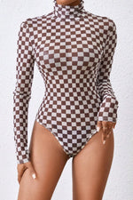Checkered Turtleneck Long Sleeve Bodysuit - Ladyez