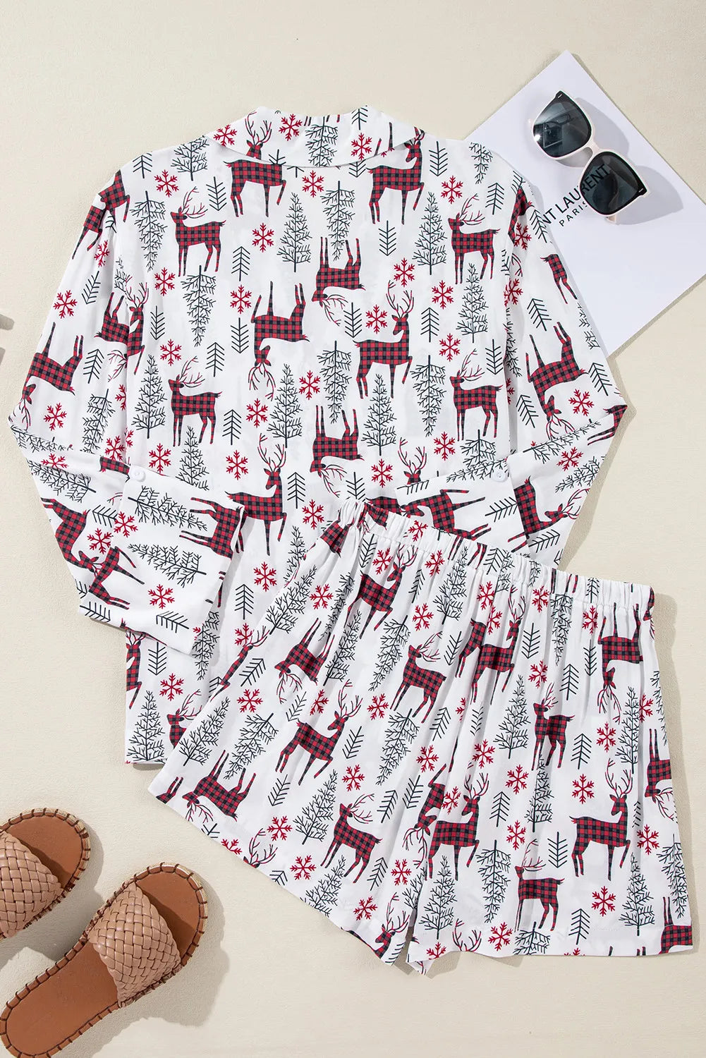 Printed Collared Neck Long Sleeve Top and Shorts Lounge Set - Ladyez