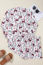 Printed Collared Neck Long Sleeve Top and Shorts Lounge Set - Ladyez