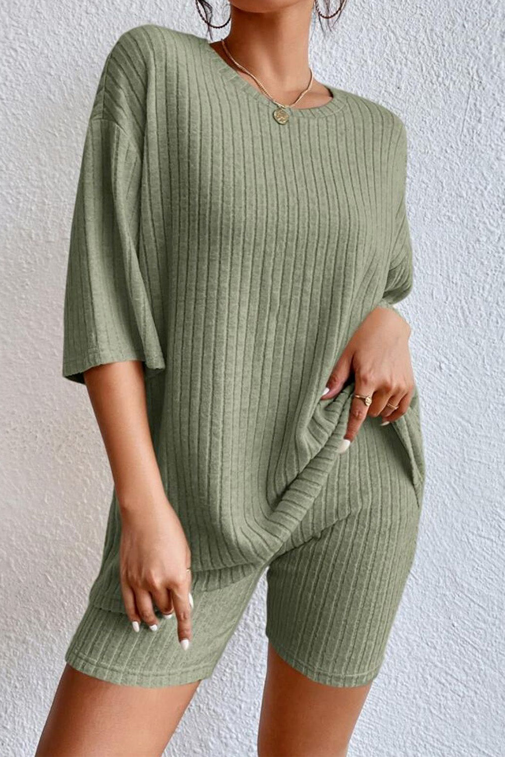 Round Neck Ribbed Top and Shorts Lounge Set - Ladyez