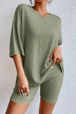 Round Neck Ribbed Top and Shorts Lounge Set - Ladyez