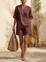 Full Size Notched Half Sleeve Top and Shorts Set Plus Size