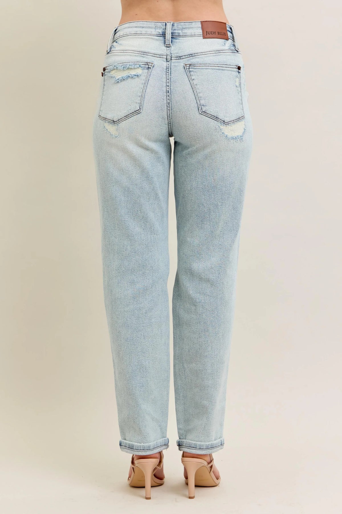 Judy Blue Full Size Mr Repair Stitch Detail Destroy Single Cuff Bf Jeans Plus Size - Ladyez
