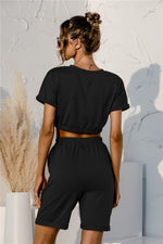 Short Sleeve Cropped Top and Drawstring Shorts Lounge Set - Ladyez