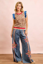 BiBi 4th Of July Leopard Ruffled Detail Knit Top
