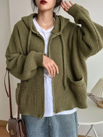 Full Size Casual Knitted Zip-Up Hooded Cardigan Plus Size