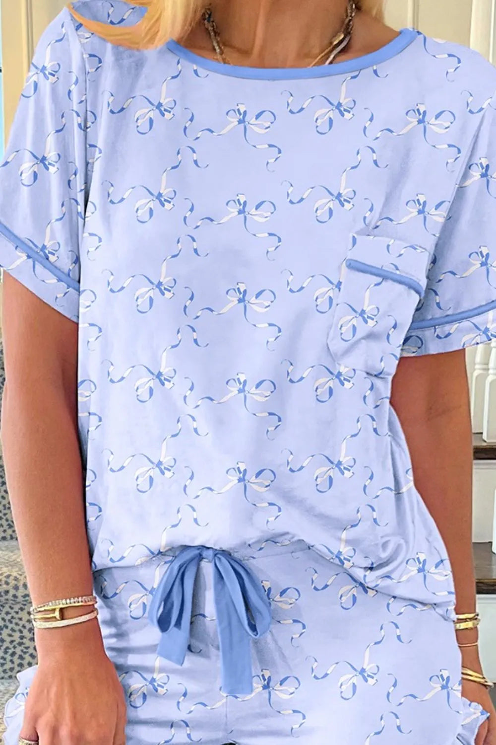 Bow Print Short Sleeve Top and Shorts Pajama Set - Ladyez