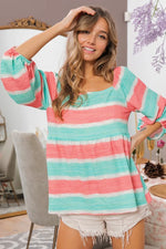 BiBi Stripe Printed Bubble Woven Balloon Sleeves Top
