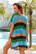 Angel Wings Openwork Striped V-Neck Short Sleeve Cover Up - Ladyez