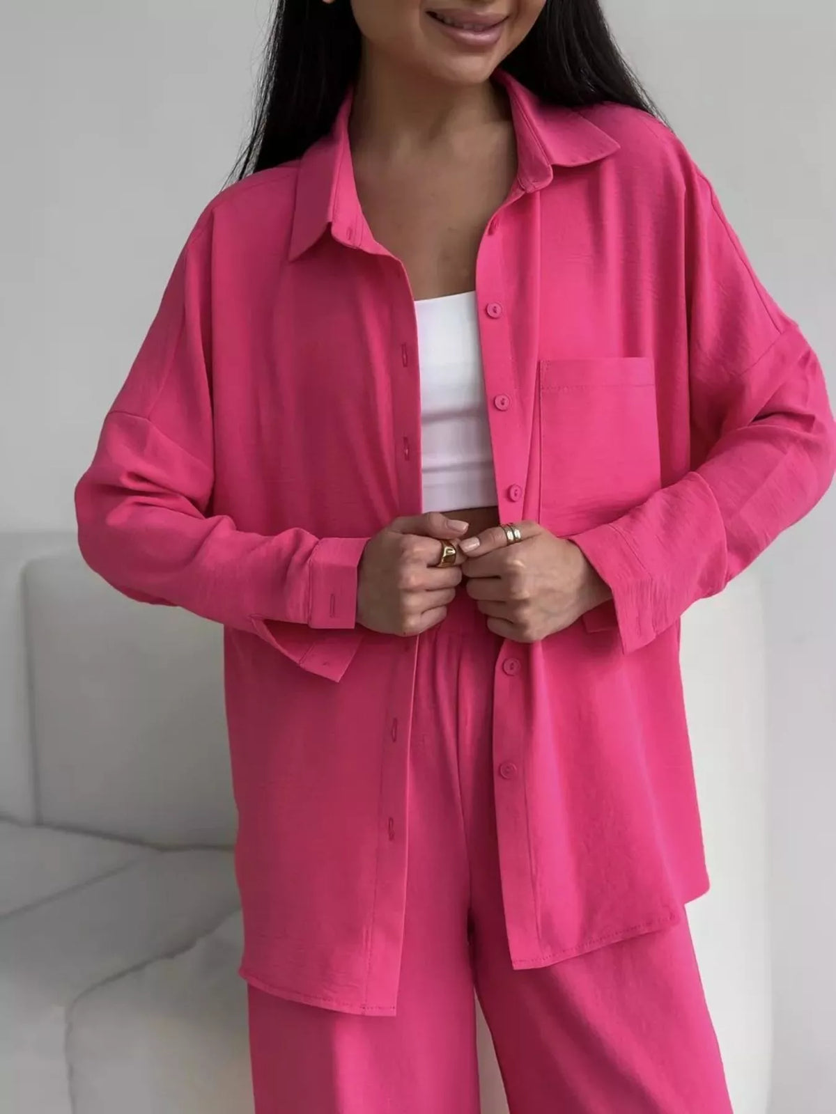 Relaxed Fit Shirt and Wide Leg Pants Set