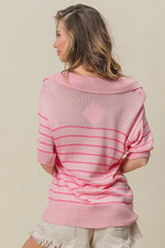 BiBi Stripe Short Sleeves Collared V Neck Top