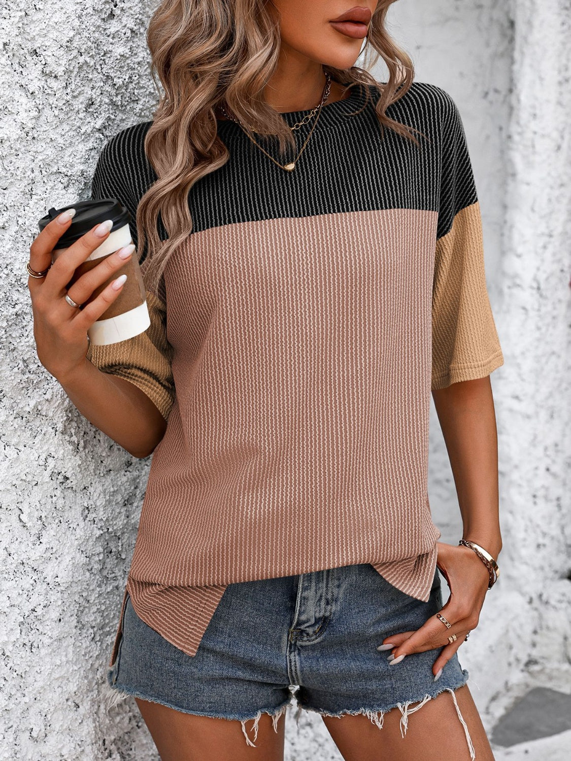 Mandy Color Block Round Neck Half Sleeve T-Shirt - Ladyez