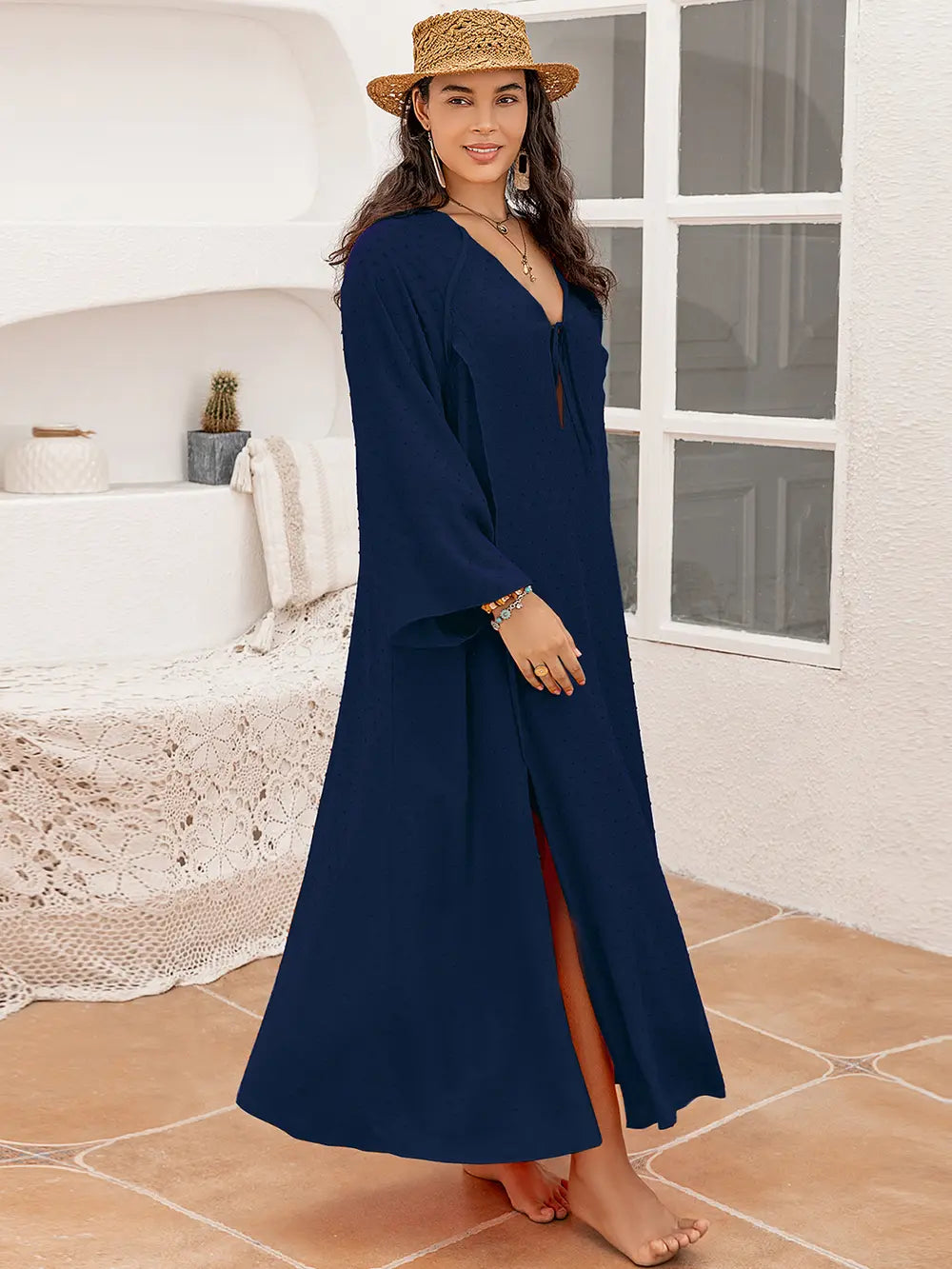 Plus Size Tie Neck Long Sleeve Slit Dress - Ladyez
